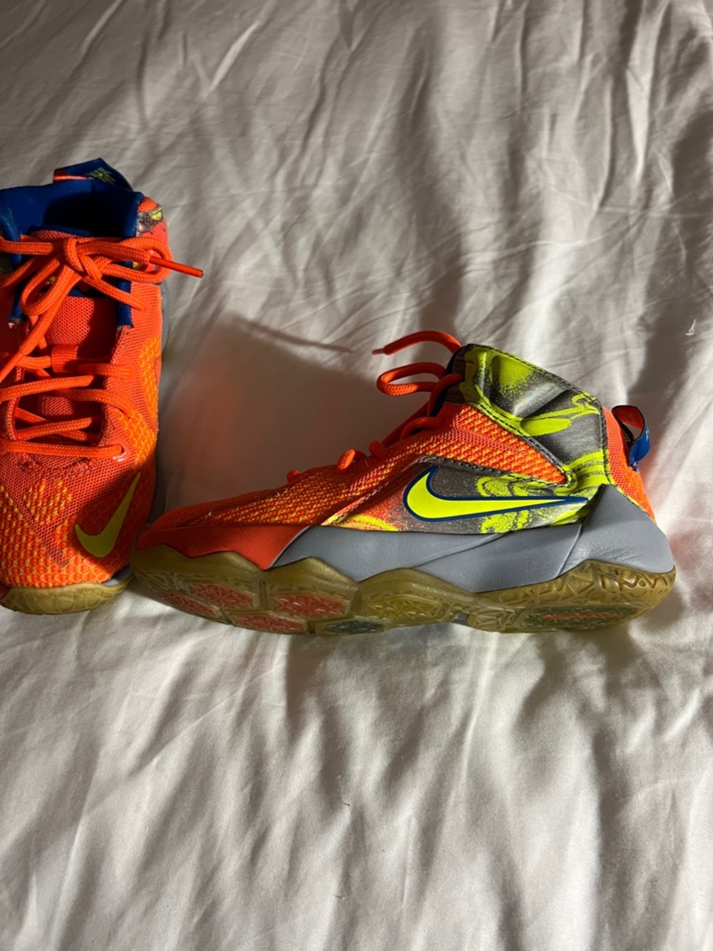 LeBron James Nike Orange Sneakers with Yellow Swoosh and Blue Lining - Picture 2 of 7